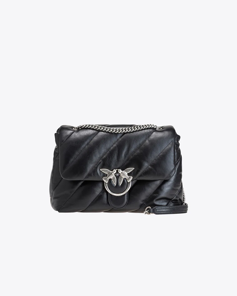Сумка Pinko Big Love Bag Puff Maxi Quilt через плече зі срібною фурнітурою в чорній стьобаній шкірі 30x11х25 см 100037A0F2Z99O