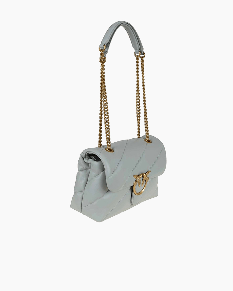 Сумка Pinko Love Puff Classic Cl Sheep Nappa через плечо с бронзовой фурнитурой в стеганой коже серо голубой 19x11х26 см 100038A0F2K32Q