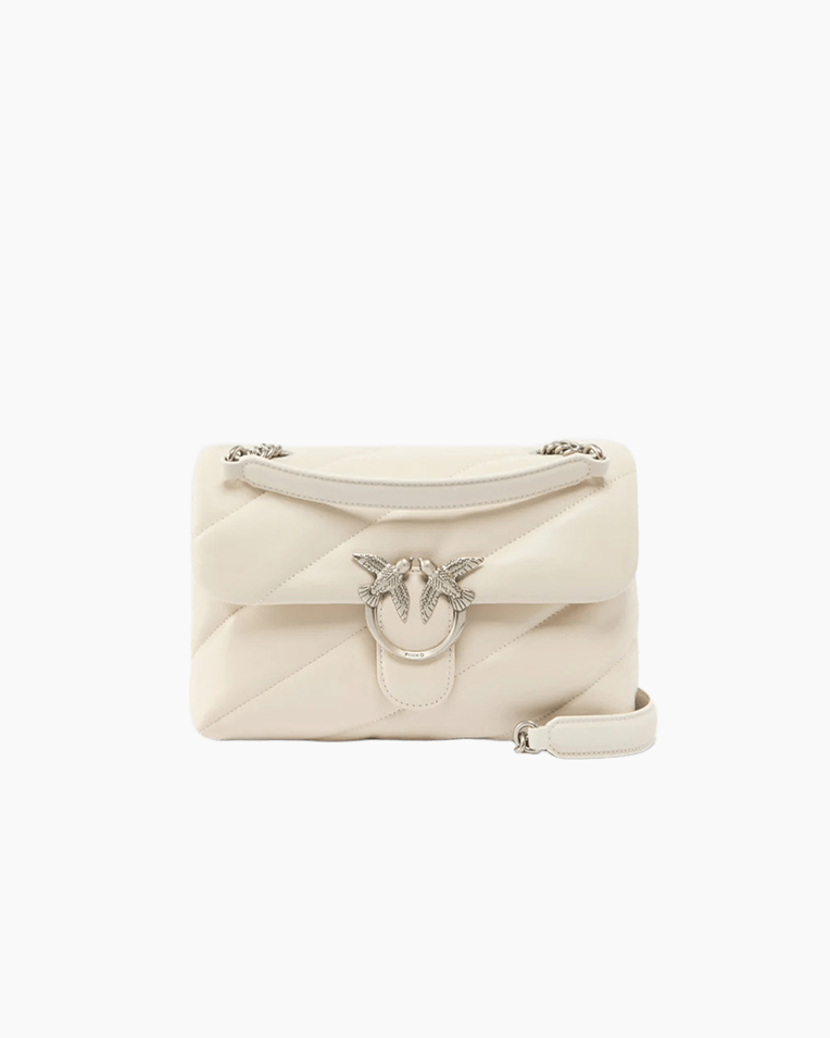 Сумка Pinko Love Puff Classic Cl Sheep Nappa через плечо с серебряной фурнитурой в стеганой коже белая 17x11х26 см 100038A0F2Z14O
