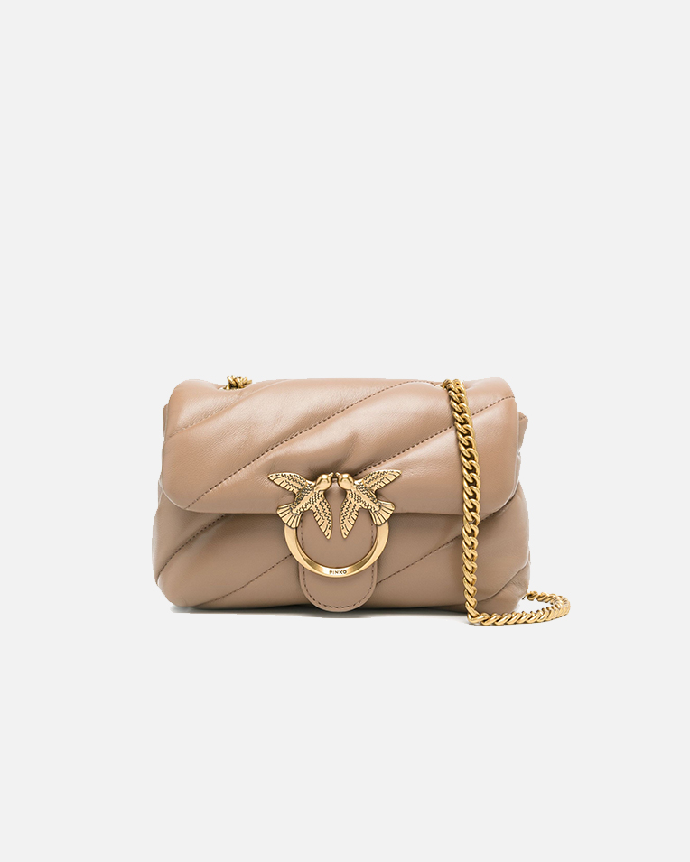 Сумка Pinko Baby Love Bag Puff Сrossbody через плечо с бронзовой фурнитурой в стеганой коже бежевый 18x7х13 см 100040A0F2D01Q