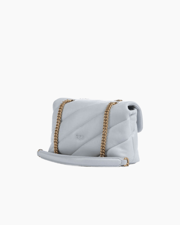 Сумка Pinko Love Puff Mini Cl Sheep Nappa через плечо с бронзовой фурнитурой в стеганой коже серо голубой 21x15х9 см 100039A0F2E37Q