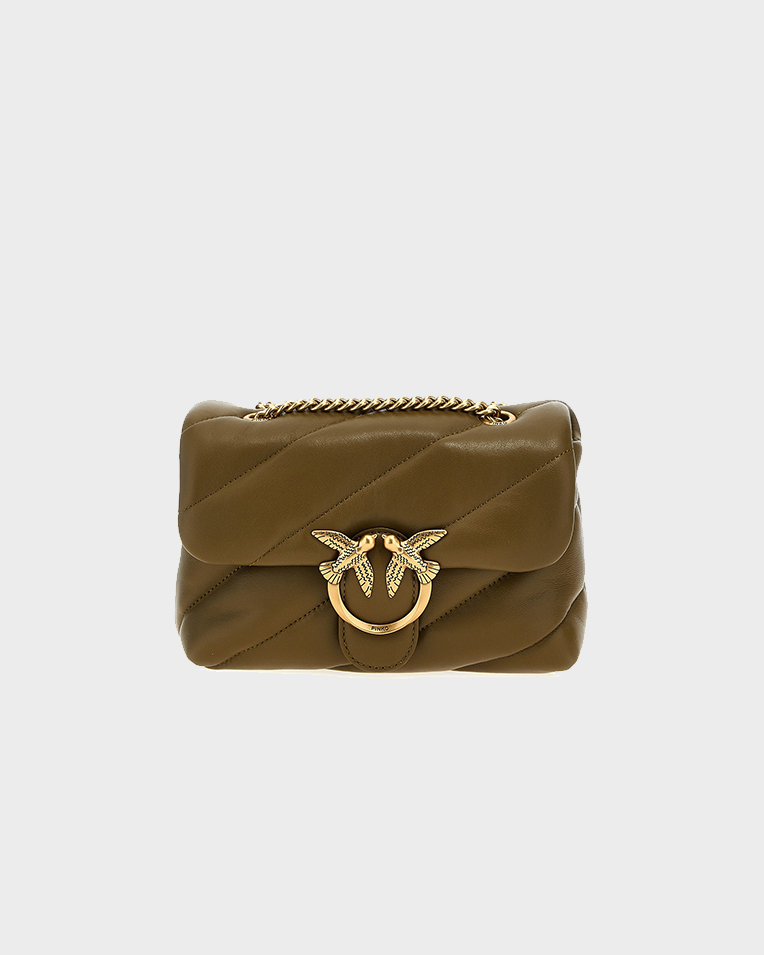 Cумка Pinko mini Love bag Classic Puff Mini Quilt через плечо с бронзовой фурнитурой в стеганой коже оливковая 21x15х9 см 100039A0F2V68Q