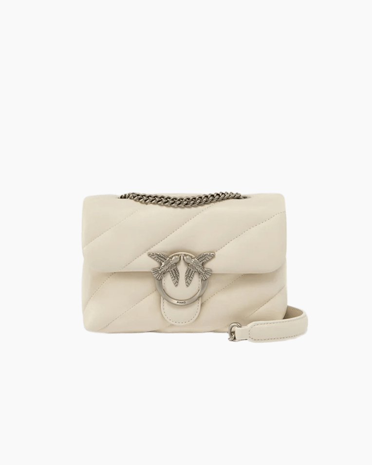Сумка Pinko Love Puff Mini Cl Sheep Nappa через плечо с серебряной фурнитурой в стеганой коже белая 21x15х9 см 100039A0F2Z14O
