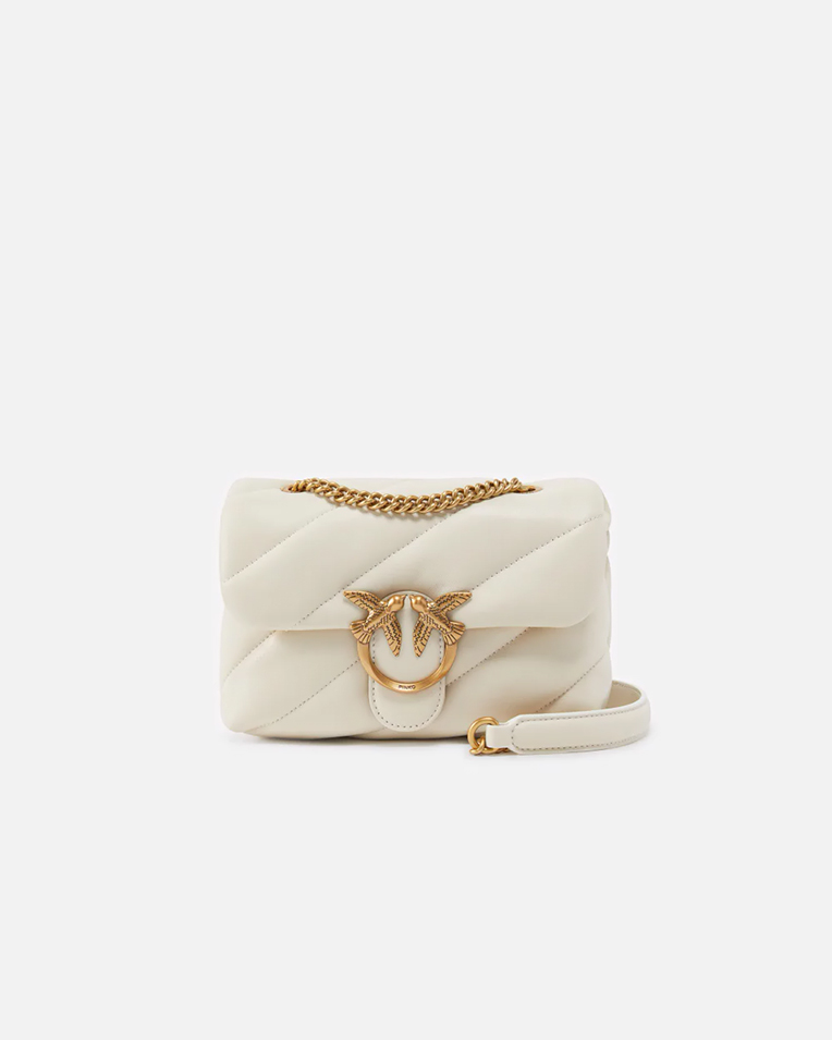 Сумка Pinko Mini Love Bag Puff Maxi Quilt через плечо сбронзовой фурнитурой в стеганой коже белая 15x9х21 см 100039A0F2Z14Q