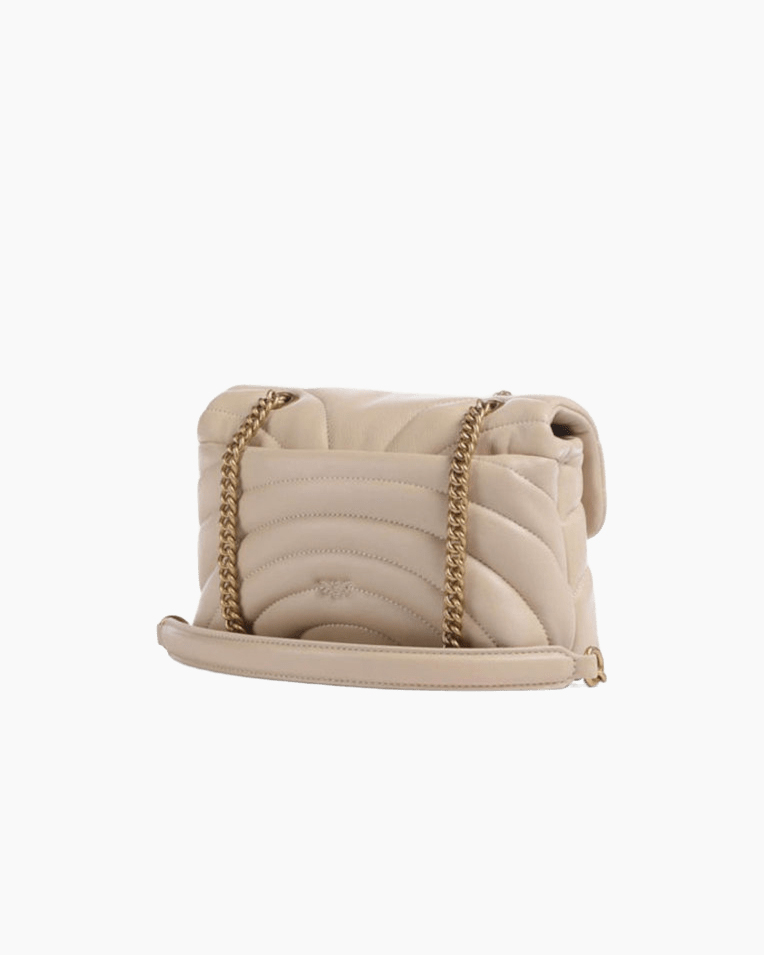 Сумка Pinko Love Puff Mini Cl Sheep Nappa Butterfly O через плечо с бронзовой фурнитурой в стеганой коже бежевый 21x9х16 см 100039A1EXC50Q