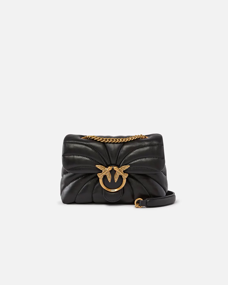 Сумка Pinko Love bag Puff Butterfly mini через плечо с бронзовой фурнитурой в стеганой коже черный 21x9х16 см 100039A1EXZ99Q