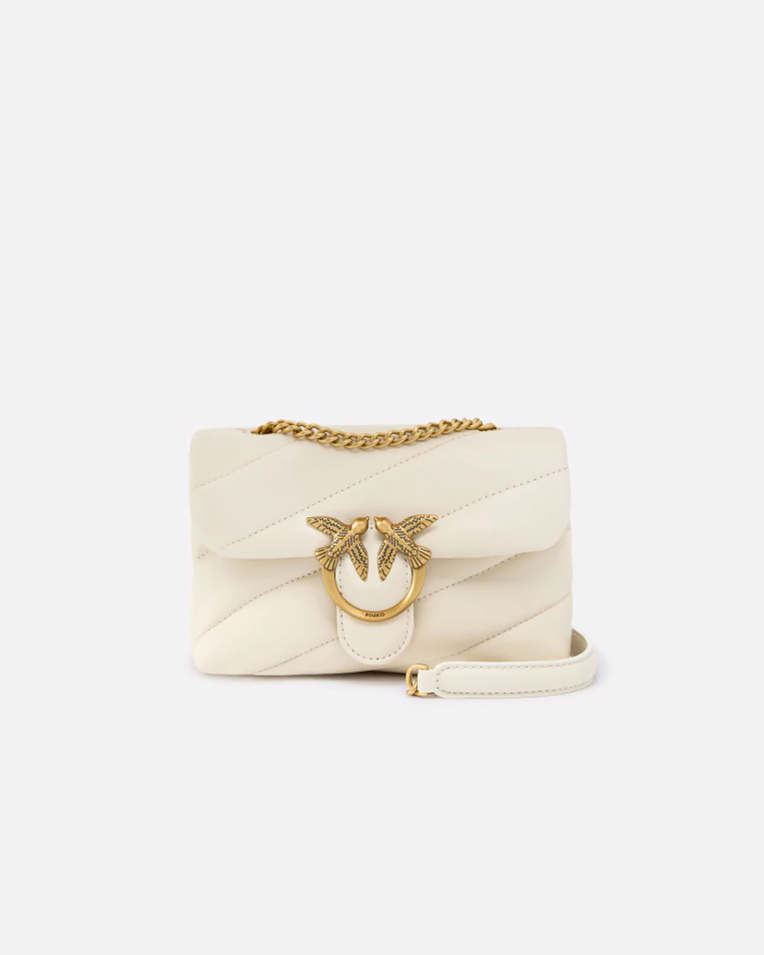 Сумка Pinko Baby Love Bag Puff Sheep Nappa через плечо с бронзовой фурнитурой в стеганой коже белый 13x6.5х18 см 100040A0F2Z14Q