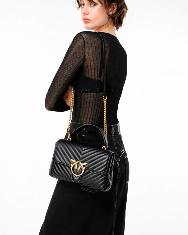 Сумка Pinko Classic Lady Love Bag Puff Chevron через плече з бронзовою фурнітурою в чорній стьобаній шкірі 17x8х26 см 100043A0GKZ99Q