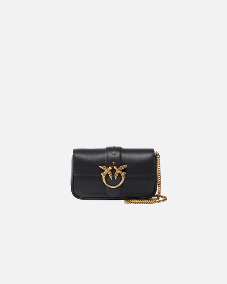 Сумка Pinko Pocket Love Bag Simply через плече з бронзовою фурнітурою в гладкій шкірі чорна 12x3х20 см 100061A0F1Z99Q