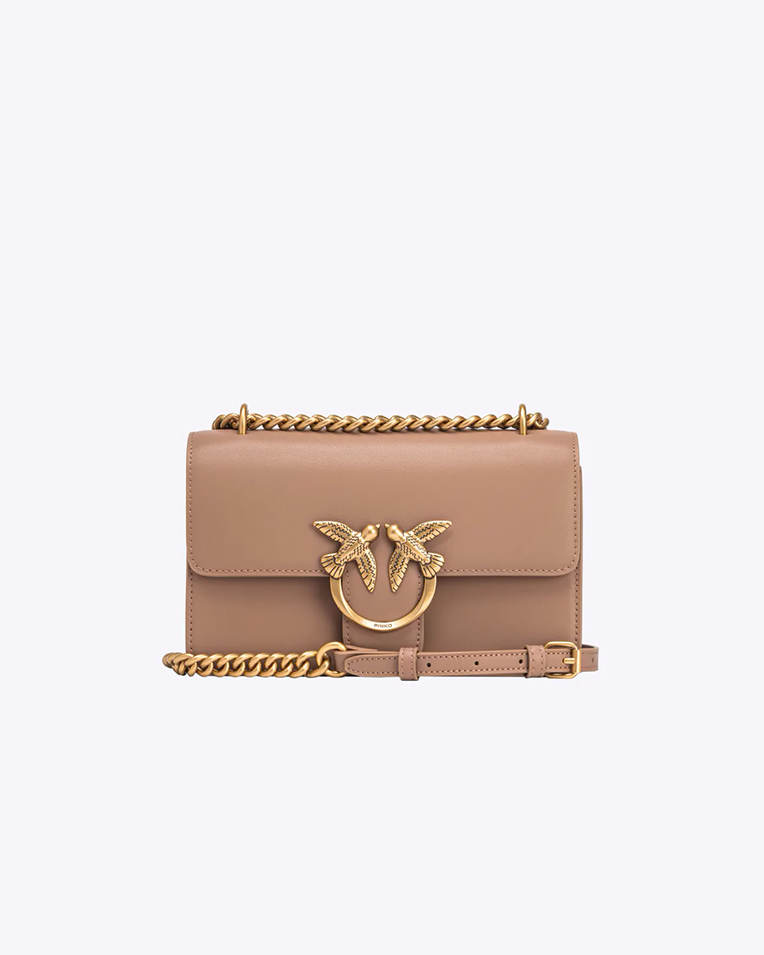 Сумка Pinko Mini Love Bag One Simply через плечо с бронзовой фурнитурой в гладкой коже бежевая 21x14х6 см 100074A0F1C50Q