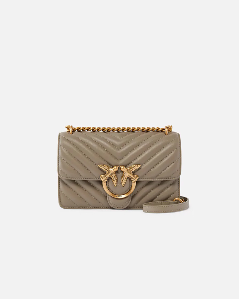 Сумка Pinko Mini Love Bag One Chevron через плечо с бронзовой фурнитурой в стеганой коже серая 21x6х13 см 100074A0GKI68Q