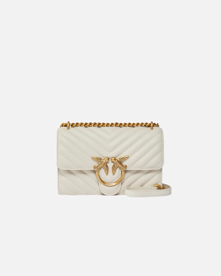 Сумка Pinko Mini Love Bag One Chevron через плечо с золотой фурнитурой в стеганой коже белый 12x7х121 см 100074A0GKZ14Q