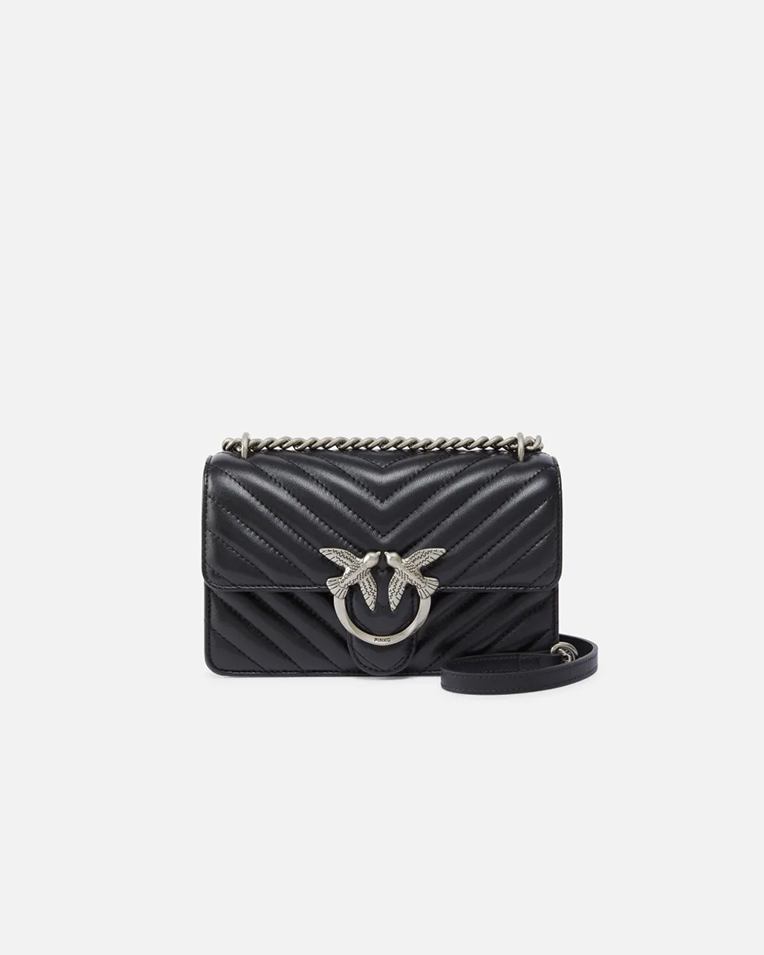 Сумка Pinko Mini Love Bag One Chevron через плечо с серебряной фурнитурой в стеганой коже черная 12x7х21 см 100074A0GKZ99O