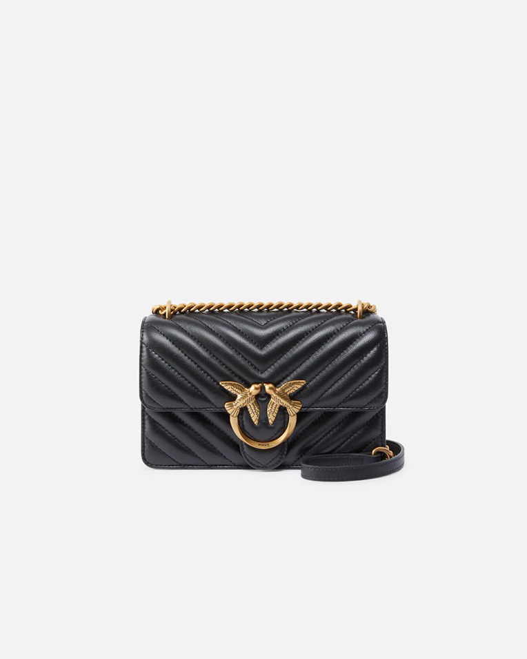 Сумка Pinko Mini Love Bag One Chevron через плечо с бронзовой фурнитурой в стеганой коже черная 12x7х21 см 100074A0GKZ99Q