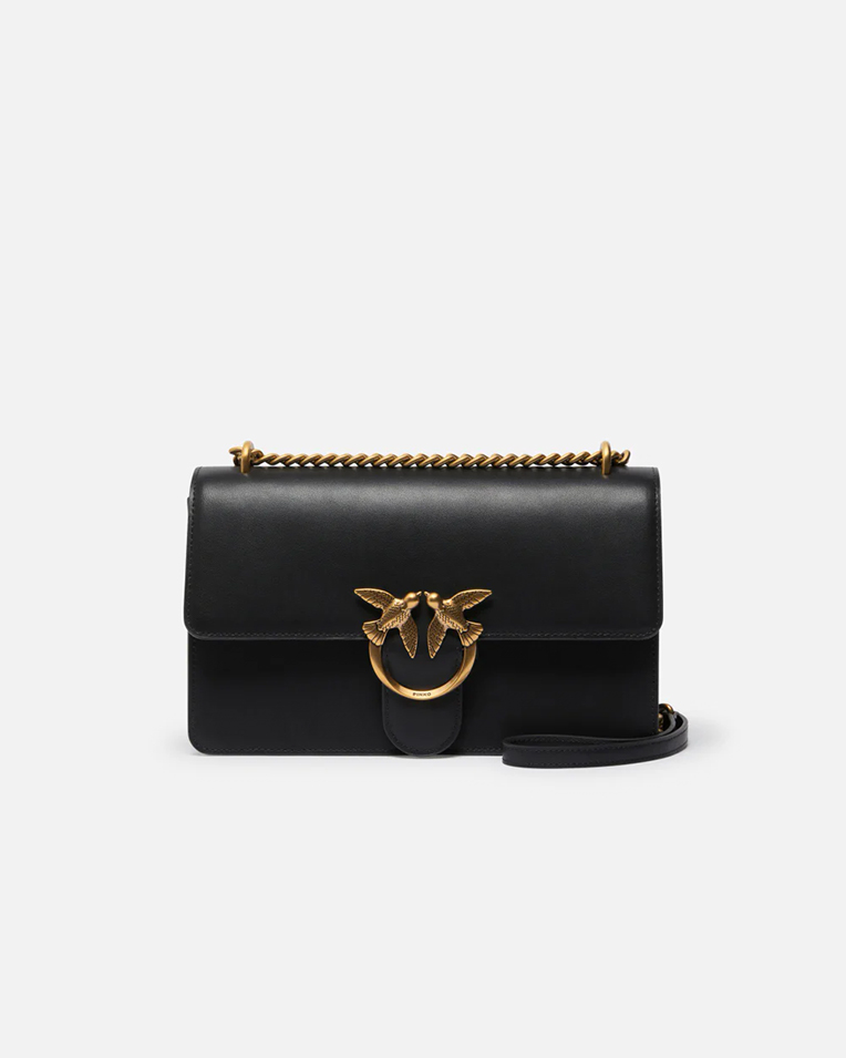 Сумка Pinko Classic Love One Simply через плечо с бронзовой фурнитурой в гладкой коже черная 17x7х27 см 100941A0F1Z99Q