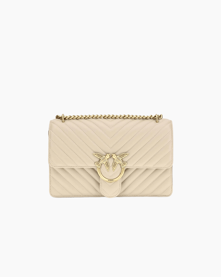 Сумка Pinko Love One Classic Dc Sheep Nappa Chevron через плечо с бронзовой фурнитурой в стеганой коже бежевый 16x8х27 см 100941A0GKC50Q