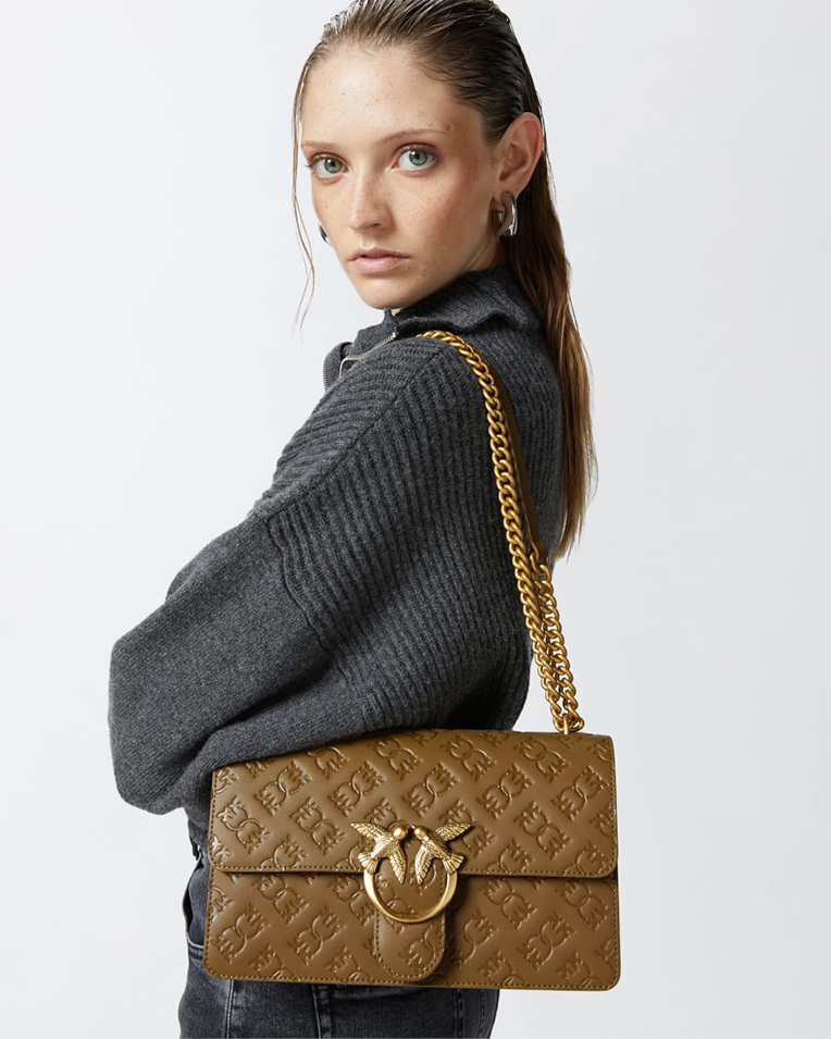 Сумка Pinko Love bag leather crossbody через плечо с бронзовой фурнитурой кожа оливковый 16x7х27 см 100941A1YBV68Q