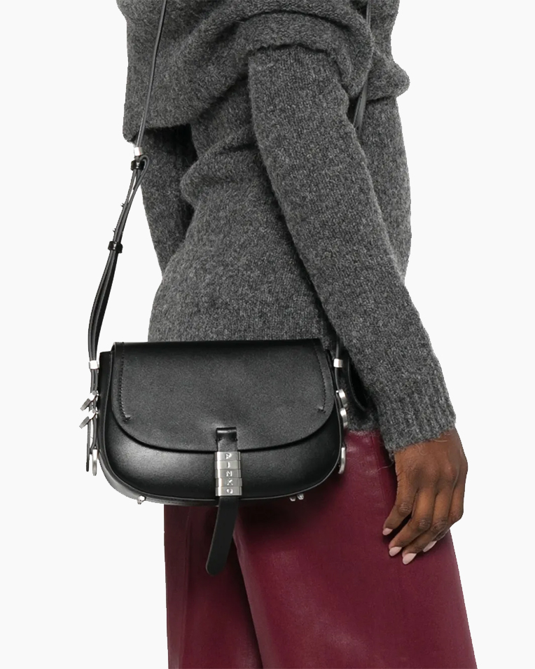 Сумка Pinko Saddle Mini Con Nodi через плечо в гладкой коже с серебряной фурнитурой черный 22x7х17 см 103831A1ZX99E