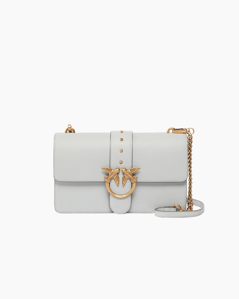 Сумка Pinko Love One Classic st. Cl Vitello Seta через плечо с бронзовой фурнитурой в гладкой коже серо голубой 15x7х27 см 105857A0F1K32Q