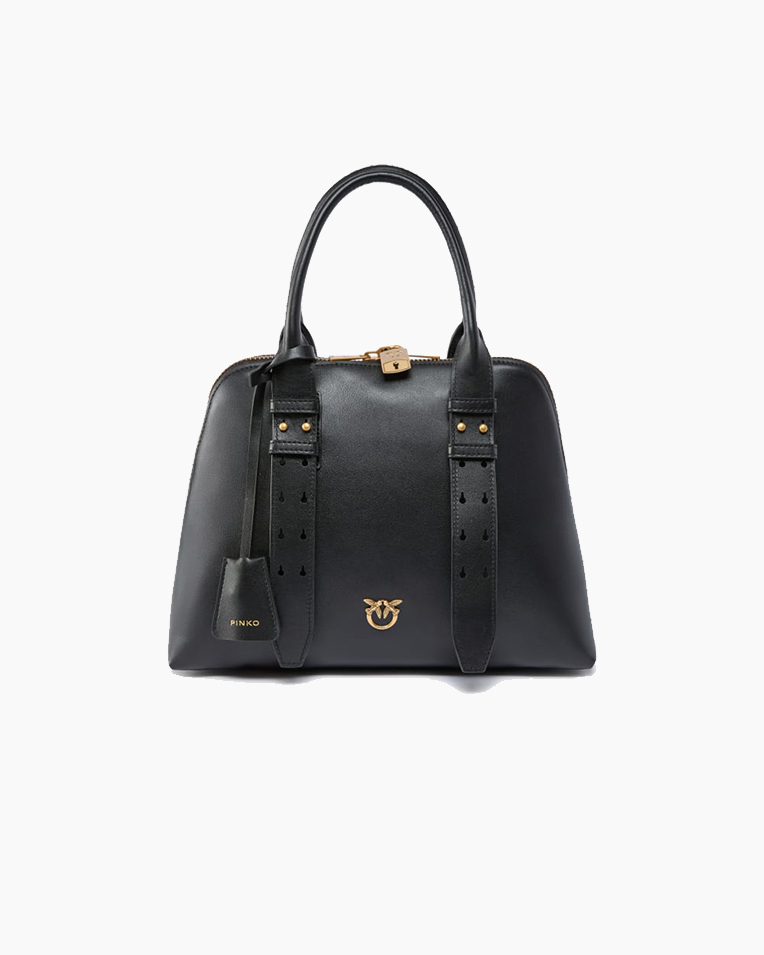 Сумка из гладкой кожи Pinko Bowling Bag Medium с бронзовой фурнитурой, черная 30x13х23 см. 105906A0QOZ99Q