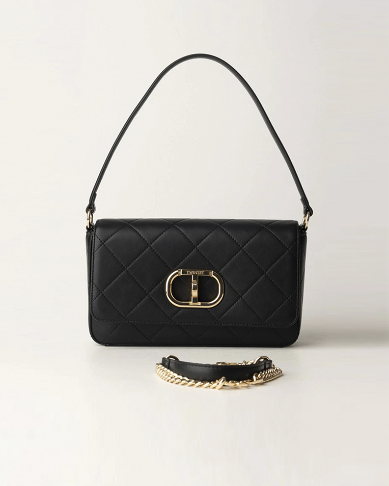 Сумка Twinset Shoulder bag with flap and Oval T, через плече із золотою фурнітурою чорна 25x6х15 см 242TB7252