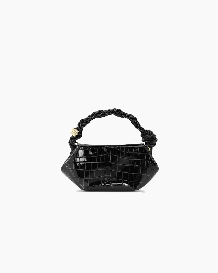 Сумка Ganni Croc Patent Bou Bag mini шоппер кожа крокодила черный 25x11х11,5 см A6089
