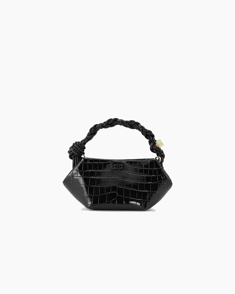Сумка Ganni Croc Patent Bou Bag mini шоппер кожа крокодила черный 25x11х11,5 см A6089