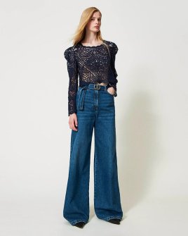 Жіночі джинси широкого крою Twinset Wide leg jeans with belt синій поліестер 241TP2662