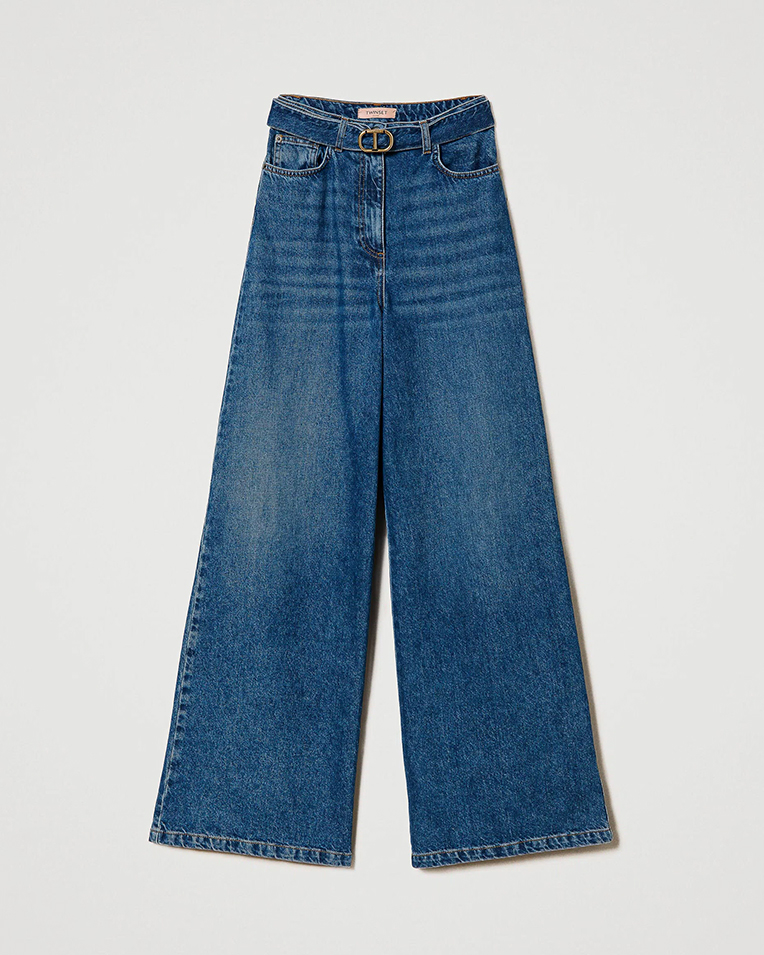 Женские джинсы широкого кроя Twinset Wide leg jeans with belt полиэстер синий 241TP2662