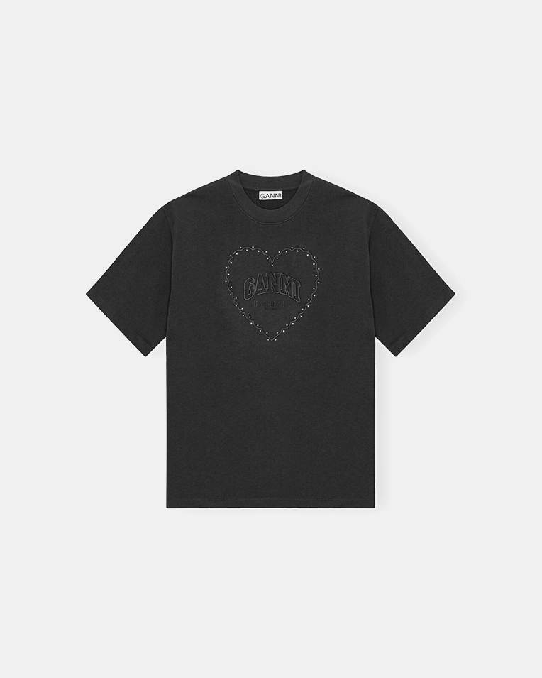 Жіноча футболка Ganni Heavy Cotton Drop Shoulder Heart з логотипом бавовна чорна T4057
