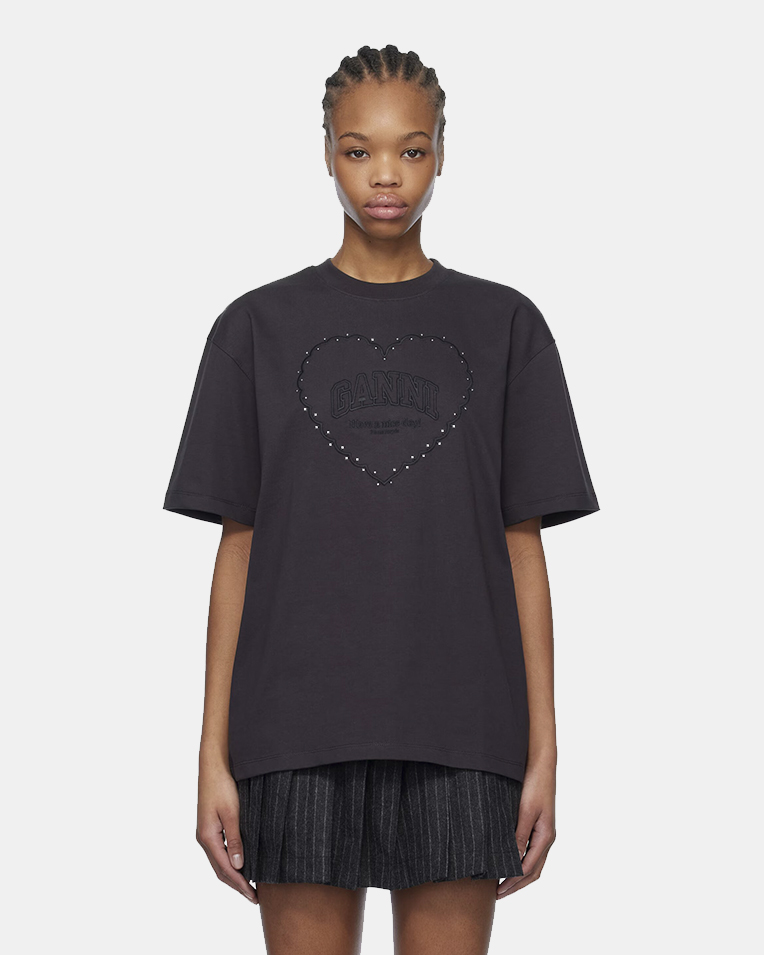 Жіноча футболка Ganni Heavy Cotton Drop Shoulder Heart з логотипом бавовна чорна T4057