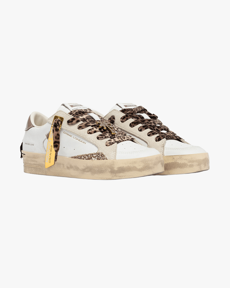 Женские кеды Crime London SK8 Deluxe кожа белые комбинированные с анималистической шнуровкой 23102AA9.10