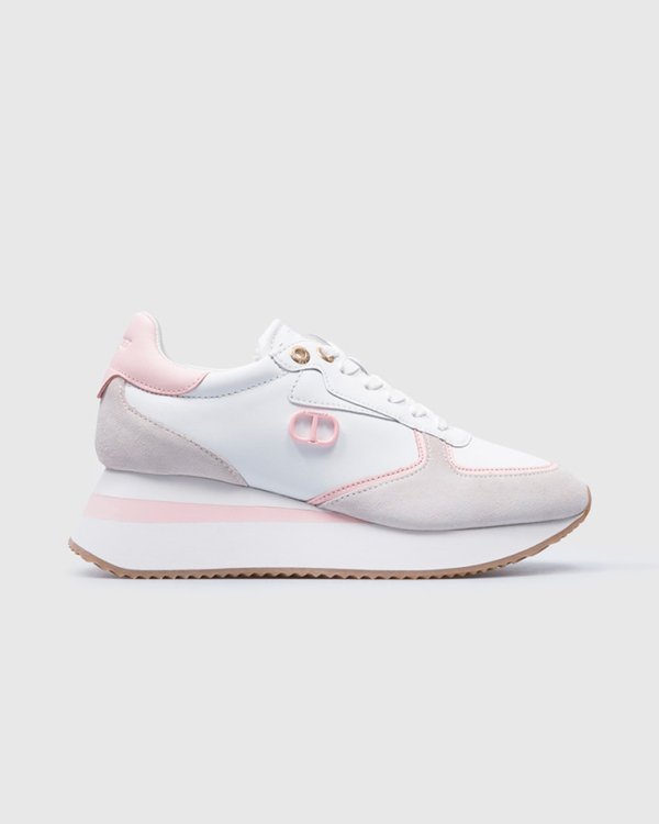 Женские кроссовки Twinset Leather wedge trainers White/Pink кожа белый/розовый 241TCP080