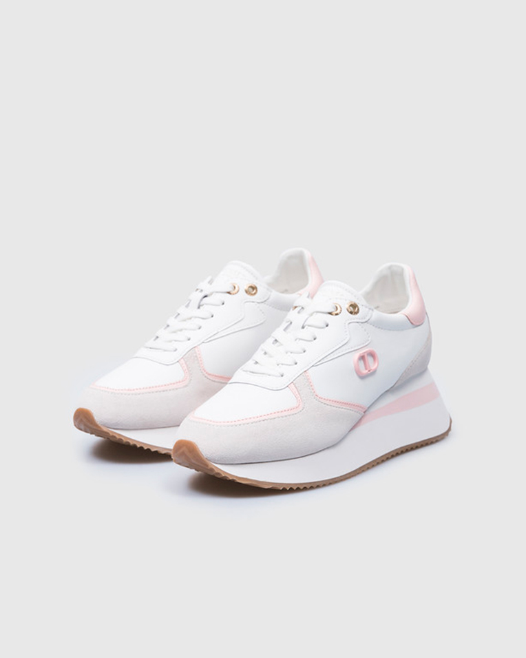 Женские кроссовки Twinset Leather wedge trainers White/Pink кожа белый/розовый 241TCP080