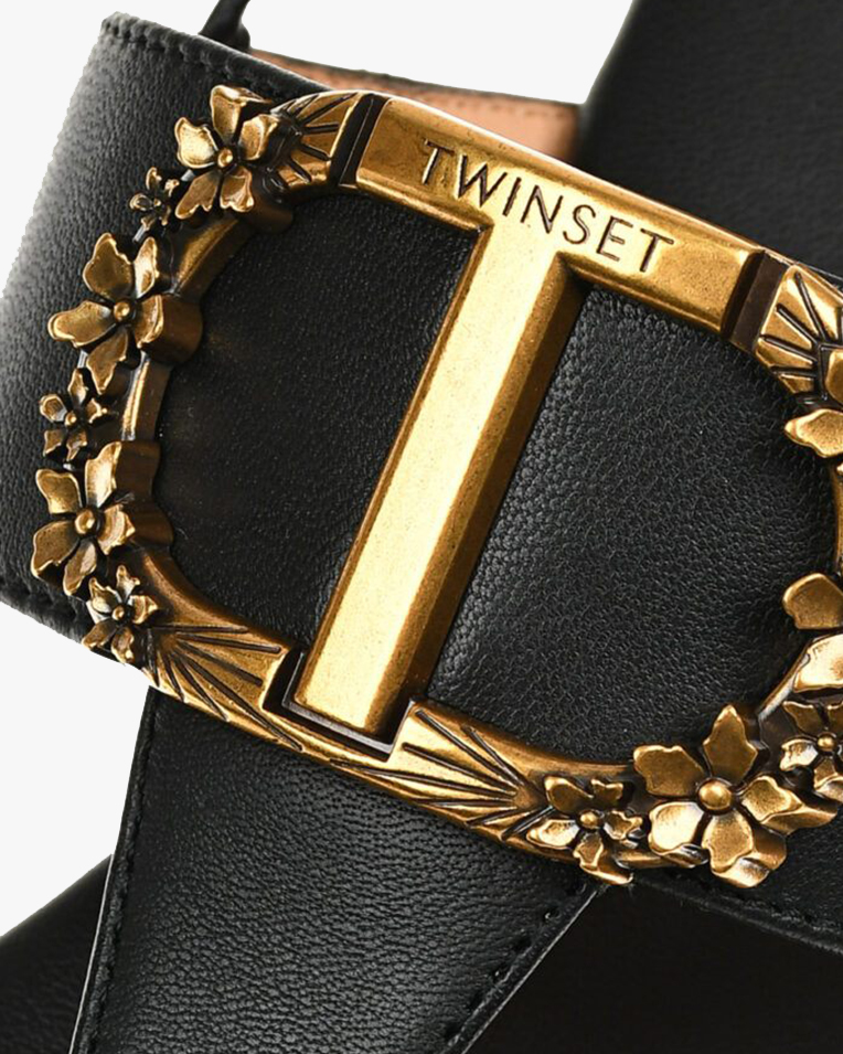 Жіночі шльопанці Twinset з фурнітурою Oval T та зав'язками шкіра чорний 241TCP22000006