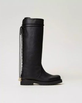 Женские сапоги высокие на шнуровке Twinset кожа черный 242TGT164