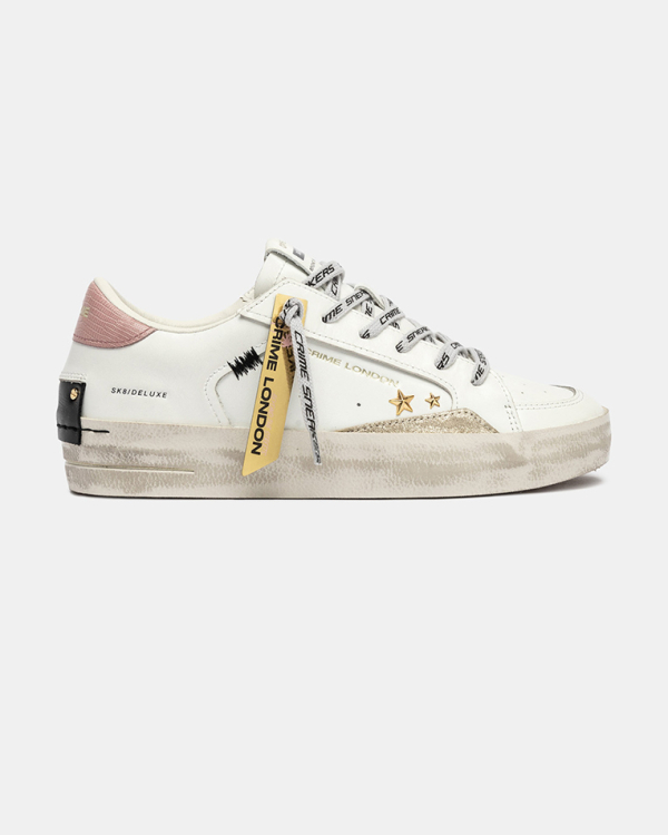 Жіночі кеди Crime London SK8 Deluxe шкіра білий з рожевою вставкою та додатковою шнурівкою 25103AA8.10