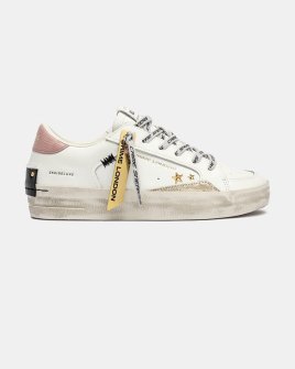 Женские кеды Crime London SK8 Deluxe кожа белый с розовой вставкой и дополнительной шнуровкой 25103AA8.10
