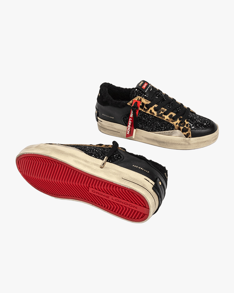 Женские кеды Crime London SK8 Deluxe комбинированные кожа черный с анималистической вставкой 25108AA8.20