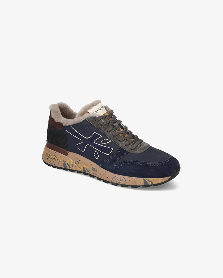 Мужские кроссовки зимние Premiata Sneaker Mick 7068 кожа с мехом синий 